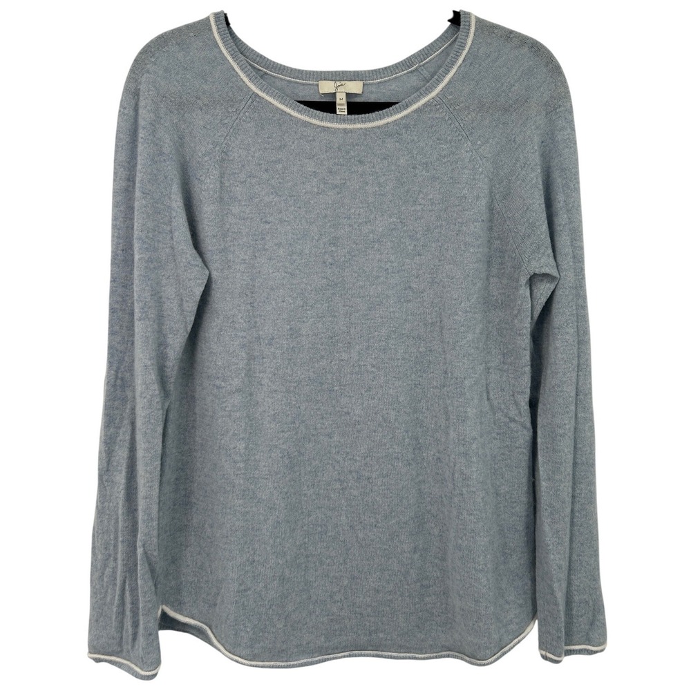 Joie 100% Cashmere Blue‎ Gray Crewneck Luxury Sweater White Trim Womens Medium